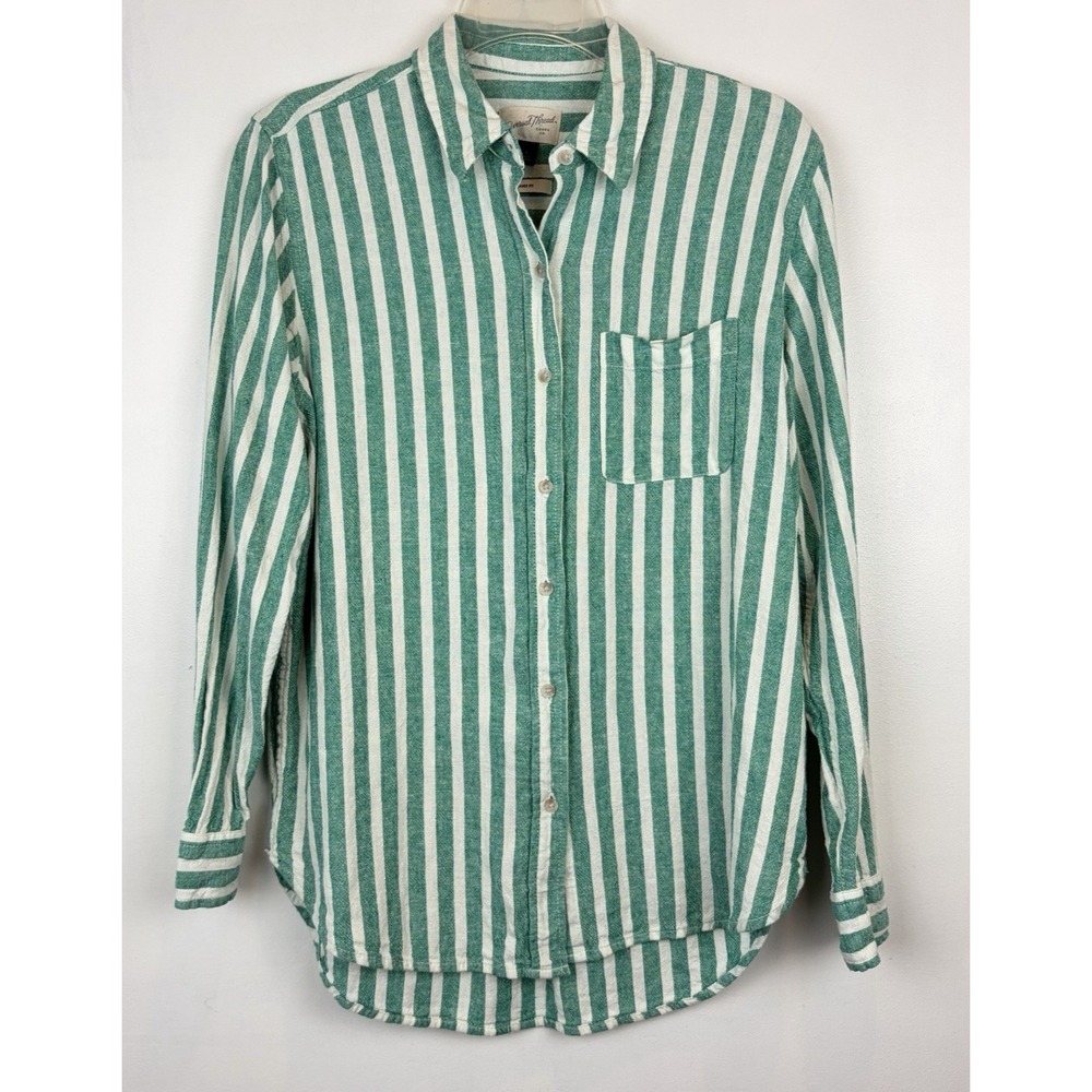 Green White Striped Shirt Women Small Linen Blend Button Relaxed Coastal Beach